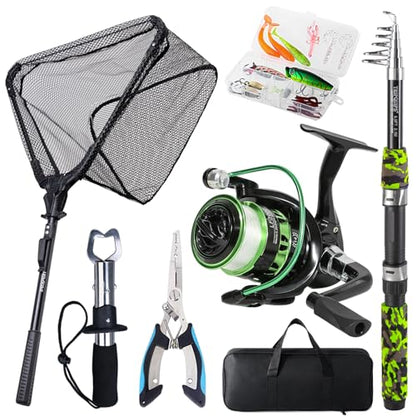 Tripquips Fishing Rod and Reel Combo with Fishing Net, 6.9ft Telescopic Fishing Pole Kit with Fishing Pliers, Lip Gripper, Fishing Lures,Pre-Loaded Spinning Reel Combo - color: Green