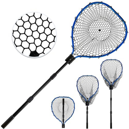 Telescoping Metal Lock Fishing Net Blue Aluminum Alloy Rubber Fish Net - Adjustable Length Lightweight Foldable Large Fishing Net with Handle Collapsible Extendable Fishing Accessories - color: Blue:3-section pole|upgraded metal lock|length:64.5"