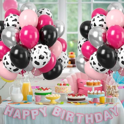 Pink Black Cow Balloons, 60 Pcs Cow Print for Girls Cowgirl Birthday Party - color: Pink Black Cow