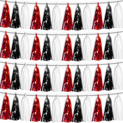 4P Black Red White Tassel Banner Garland Metallic Foil Fringe Banner Tinsel Tassels Streamer Banner Backdrop for Parade Floats Graduation, Halloween, Christmas, Father's Day Party Decorations - color: Black Red White