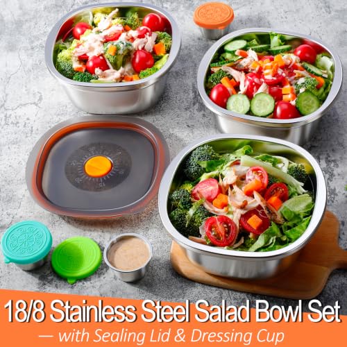 11-Piece Stainless Steel Salad Bowl Set, 5 Bowls (50 oz) & 6 Dressing Cups - size: 5 Sets