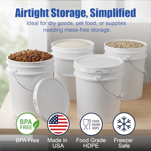 5 Gallon Bucket - Food Grade w/Lid BPA-Free, 6 Pack - White | Airtight Gasketed Tear Strip Lid, Heavy-Duty 90 Mil HDPE Plastic Pail, Bulk Storage, Food Safe Durable Container, Made in USA - color: White, size: 6 Packs