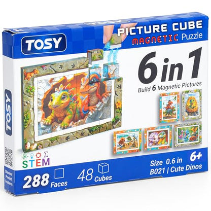 TOSY Picture Cube Cute Dinos: 6-in-1 Magnetic Picture Puzzle, Easter Basket Stuffers STEM Gift for Kids & Adults, 48 Blocks, 288 Puzzle Faces, 0.6 in, B021, Seamless UV Art, Display-Ready Frame