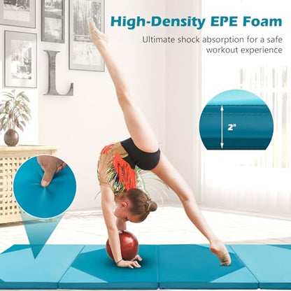 Goplus Folding Gymnastics Mat, 10’ x 4’ x 2’’ Thick Tumbling Mats with PU Leather, Hook & Loop Fasteners, Portable Handles, 4-Panel Exercise Mat for Home Gym Workouts, Yoga - color: Baby Blue+Blue