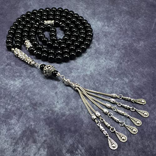 Special Prayer Beads Series -99 beads- Tesbih Tasbih Tasbeeh Misbaha Masbaha Subha Sebha Sibha (Black Glass -10 mm 99 Big Beads- & Zircon Stone Design) - color: Black Glass -10 mm 99 Big Beads- & Zircon Stone Design