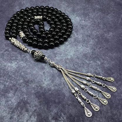 Special Prayer Beads Series -99 beads- Tesbih Tasbih Tasbeeh Misbaha Masbaha Subha Sebha Sibha (Black Glass -10 mm 99 Big Beads- & Zircon Stone Design) - color: Black Glass -10 mm 99 Big Beads- & Zircon Stone Design