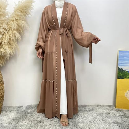 Abayas For Women Muslim Ramadan Long Sleeve Open Front Imitation Pearls Tiered Chiffon Dress Cardigan with Belt Dubai Kaftan - color: Brown, size: X-Large