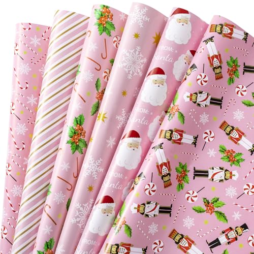 RUSPEPA Pink Christmas Wrapping Paper Sheets, Pink Santa, Nutcracker, Candy Cane, Holly & Snowflakes Design, Holiday Gift Wrap for Girls, Kids, Xmas Gifts, Crafts, 6 Folded Sheets, 19.68 X 27.5 Inch - color: Pink Xmas Design