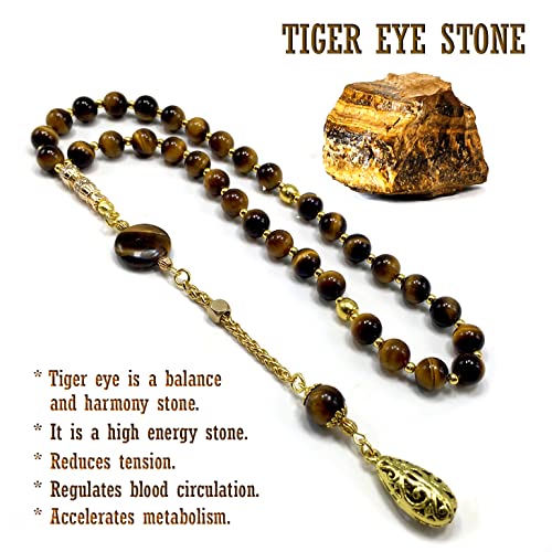 Design -Tiger Eye Stone Series Worry Beads - Prayer Beads (8 mm-33 Beads) Tesbih-Tasbih-Tasbeeh-Misbaha-Masbaha-Subha-Sebha-Sibha-Rosary (Tiger Eye Stone-Gold Tassel) - color: Tiger Eye Stone-Gold Tassel
