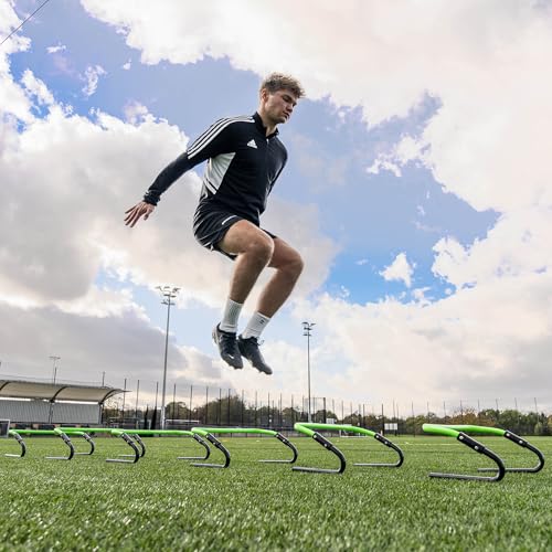 QUICKPLAY Adjustable Speed Hurdles Set of 6 - Soccer Training Hurdles for Agility Drills, 6in 9in 12in Height Settings, Portable Football Agility Hurdles with Carry Bag | 3-in-1 heights: 6, 9 & 12 in, Quick-click adjust, Footwork & plyometric drills, Port