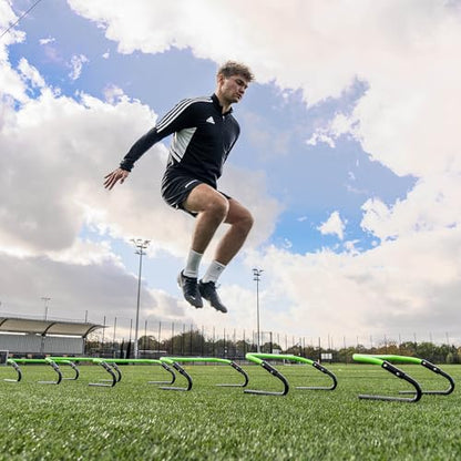 QUICKPLAY Adjustable Speed Hurdles Set of 6 - Soccer Training Hurdles for Agility Drills, 6in 9in 12in Height Settings, Portable Football Agility Hurdles with Carry Bag | 3-in-1 heights: 6, 9 & 12 in, Quick-click adjust, Footwork & plyometric drills, Port