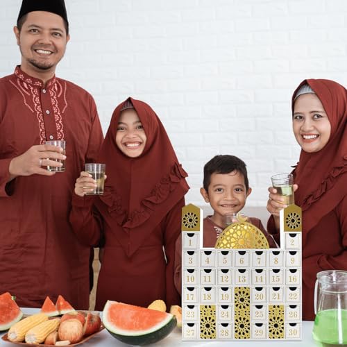 gisgfim Ramadan Wooden Countdown Calendar Eid Mubarak Decorations Mosque Advent Calendar with Drawers Eid Mubarak Countdown Til Eid Gift Ramadan Wooden Craftwork for Kids Ramadan Party Decorations