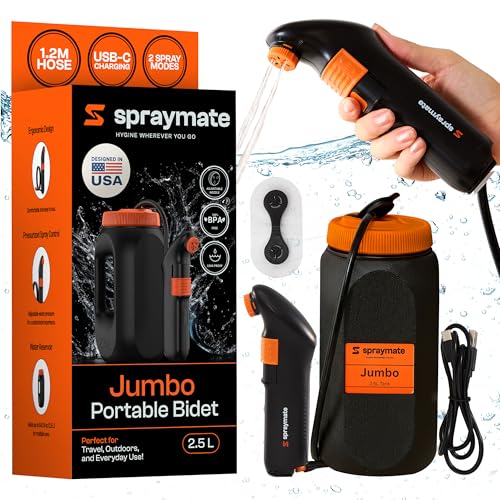 Portable Bidet for Travel & Camping – Electric High Pressure Rechargeable Bidet for Women & Men | 2.5L Bottle | 1300ML/Min Flow | USB-C | 1600mAh Battery | USA Brand – Spray Mate Jumbo (Black) - color: Orange-black