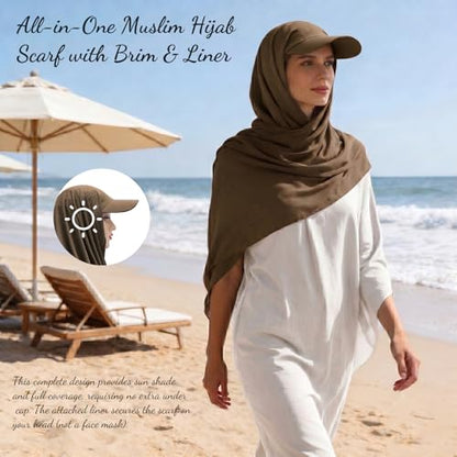 ZLYC Women Muslim Hijab Scarf with Visor Built-in Undercap Sun Protection Headwrap - color: Solid Khaki