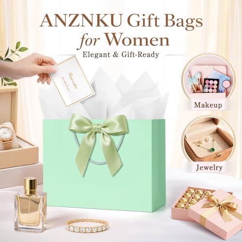 ANZNKU 2PCS Green Gift Bags with Handles, Cute Medium Gift Bags with 4 Tissue Paper 2 Ribbons 2 Cards for Wedding Bridal & Baby Shower Graduation Birthday Engagement Party Favors Present Wrapping - color: Mint Green