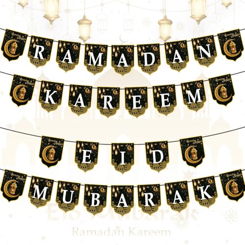 4pcs 2-in-1 Ramadan & Eid Mubarak Banner Set – Black & Gold Hanging Garland with Moon, Mosque & Lantern – Reusable 2026 Ramadan Decor for Wall, Door, Fireplace - color: Black-gold a