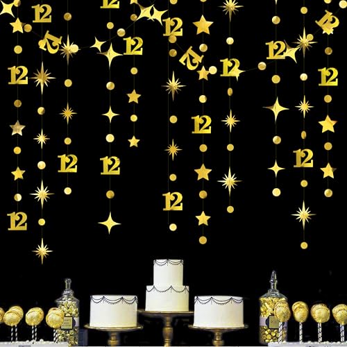 Gold 12th Birthday Decorations Number 12 Circle Dot Star Garland Metallic Hanging Streamer Banner Backdrop for Girls Boys Cheers to 12 Years Old Birthday Happy 12th Anniversary Party Supplies - color: Gold