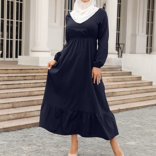 Ctreela Muslim Abaya Dress for Women Long Sleeve Tunic Islamic Prayer Dress Abaya Kaftan Dubai Dress Middle East Clothes - color: Dark Blue, size: Small