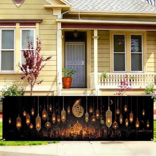 Ramadan Mubarak Fence Banner 118 x 35 Inch, Large Waterproof Outdoor Islamic Banner with Hanging Lanterns, Crescent Moon & Arabic Calligraphy for Yard Porch Fence Eid Ramadan Decorations - color: 220-1