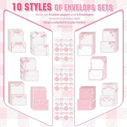 TaoBary 160 Pcs Pink Bow Stationery Paper Set for Girls with Stationery Letter and Envelopes 50 Double Sided Papers with 50 Matching Envelopes and 60 Round Dot Sticker 10 Design (5.5 x 8.25 Inch) - size: 8.25 x 5.5 Inch, style: Pink Bow