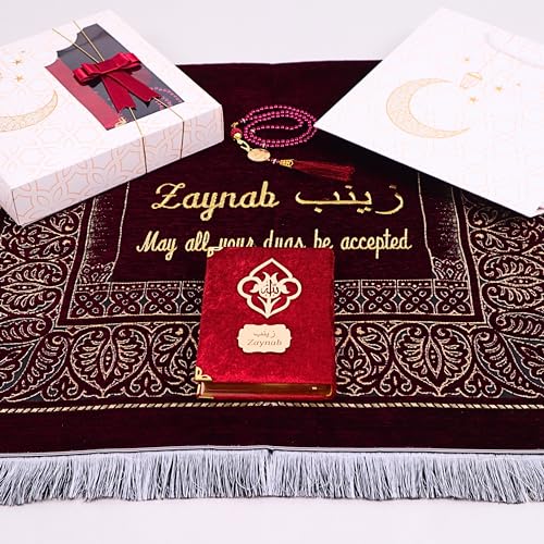 IEF Personalized Wedding Gifts Prayer Mat, Eid Gifts Quran Prayer Beads Set, Birthday Gifts for Women, Mother's Day Gifts Chenille Prayer Rug Pearl Prayer Beads Arabic Quran (Red)