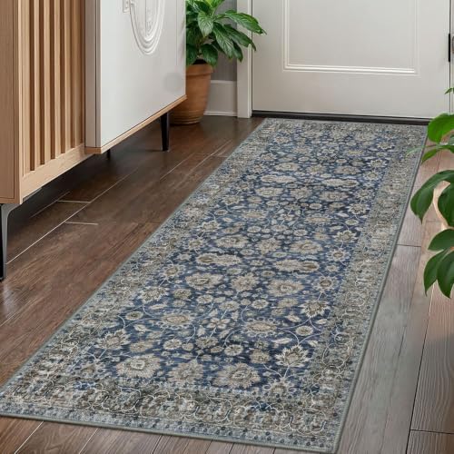 KOZYFLY Vintage 2x5 Washable Rug Runner Blue Floral Kitchen Runner Rug - color: Blue, size: 2' x 5' (Runner)