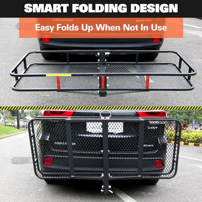 WEIZE Folding Hitch Mount Cargo Carrier Basket 60" x 20" x 6" with Waterproof Bag, Net, Strap, 2-Inch Folding Shank, 500 lbs Capacity Hitch Rack, Steel Construction - size: 60" x 20" x 6"