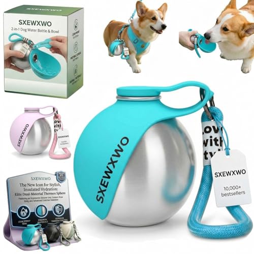 The 2-in-1 Dog Water Bottle & Bowl 2026 New Portable Trave Pet Dispenser Perros Silicone Water Ball Spill Proof Container Design on Walks Walking Hiking Insulated Round Botella Animal (Blue) - color: Blue