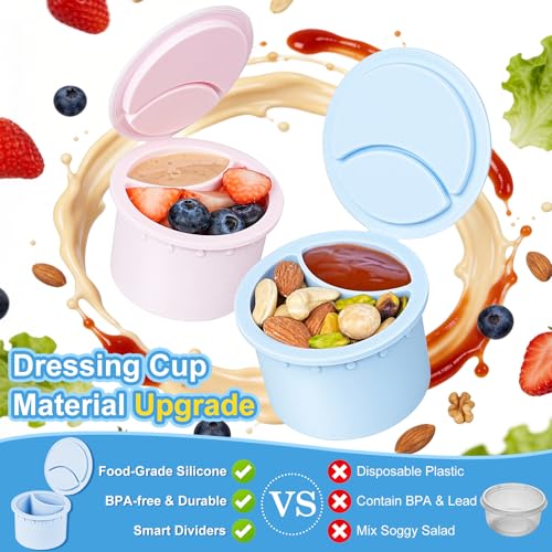 [UPGRADE] 2 Pack Salad Jars with Silicone Dressing Cup, 32 Oz Salad Container for Lunch Meal Prep w Foldable Fork, Separation Divider for Dry Food & Wet Sauce, Salad Pod On The Go for Overnight Oats