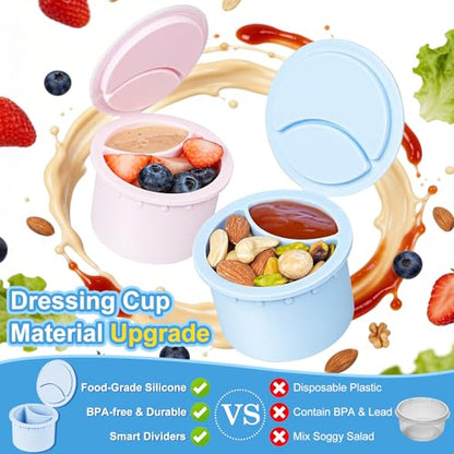 [UPGRADE] 2 Pack Salad Jars with Silicone Dressing Cup, 32 Oz Salad Container for Lunch Meal Prep w Foldable Fork, Separation Divider for Dry Food & Wet Sauce, Salad Pod On The Go for Overnight Oats