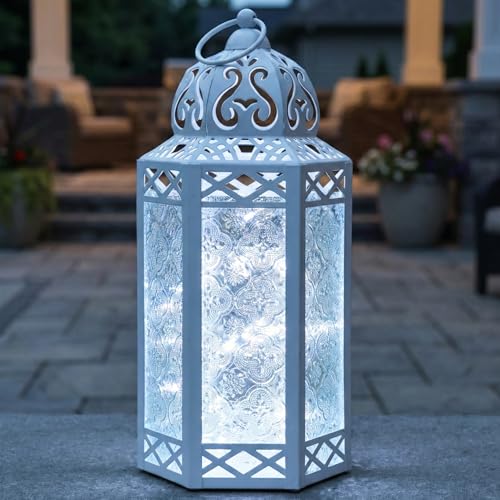 Vela Lanterns Decorative Indoor White Fairy Light Wedding Candle Holder, L | Fantasy Moroccan Decor, Ramadan & Eid Table Centerpieces, Metal Hanging Flameless LED Lamp, Outdoor Porch Patio, 12" Tall - color: White/Clear, size: Large
