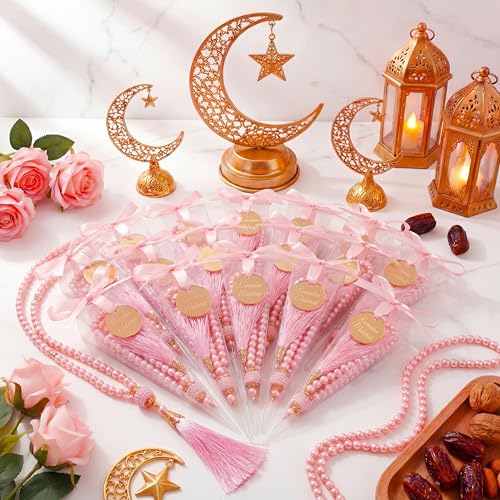 Ferreve 24 Sets Islamic Prayer Beads Bulk Ramadan Eid Gifts Muslim Party Favors Eid Mubarak Pearl Prayer Beads for Ramadan Islamic Festival Party Favor Wedding Bridal Shower Gifts(Pink) - color: Pink