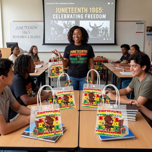 Aliceset 24 Pcs Juneteenth Clear Gift Bags with Handle for Freedom Day Party, African American June 19th Celebration Favor Goodie Bags, 6.31" x 5.91" x 3.15" - style: Juneteenth