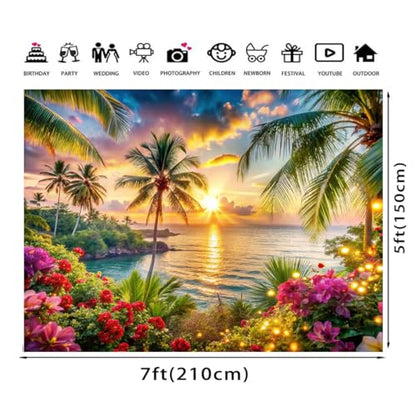 Beach Ocean Backdrop,Summer Hawaiian Beach Photography Backdrop,Palm Tree Sea Luau Aloha Party Banner for Photoshoot Backdrop 7x5ft - size: 7x5ft