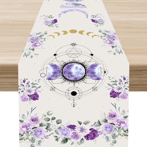 Mystical Floral Moon Table Runner, Vintage Purple Spring Flower Moon Phase Mystical Gothic Black Decor for Family Kitchen Farmhouse Holiday Party Table Decorations Indoor Outdoor 13x36 inch - color: Fmoon-8, size: 13x36" Table Runner