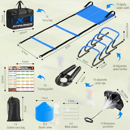 Agility Ladder, Soccer Football Training Equipment Set - 20ft Speed Ladder, 4 Hurdles,Parachute, 12 Cones & Jump Rope | Agility & Speed Training for Kids Youth Adults,Basketball & Football Accessories - color: Blue