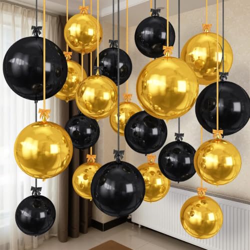 Togvu Black Gold Round Foil Balloons, 16PCS Different Sizes 4D Balloons - color: Black Gold