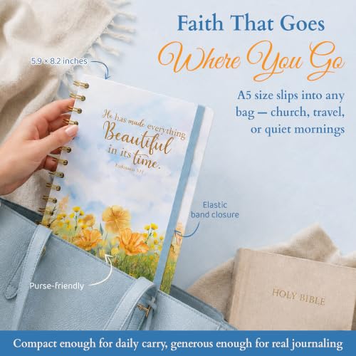 Hardcover Blank Christian Notebook – 140 Pages – Eccles. 3:11 | Lined Pages with Bible Verse Cover – Inspirational Writing Spiral Notebook for Bible Study and Prayer, Ecclesiastes 3:11 - color: Light Blue