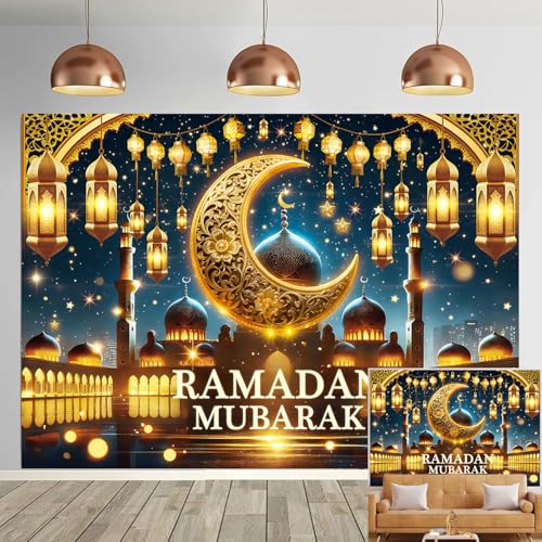 Ramadan Mubarak Backdrop Golden Crescent Moon Lanterns Mosque Banner Eid Mubarak Celebration Ramadan Decorations for Home Booth Prop (8x6FT) - size: 8x6FT