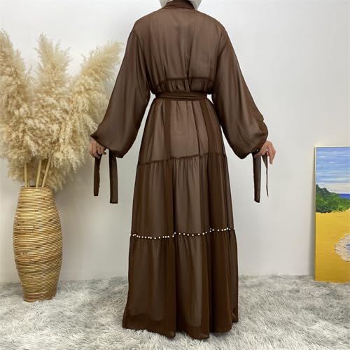 Abayas For Women Muslim Ramadan Long Sleeve Open Front Imitation Pearls Tiered Chiffon Dress Cardigan with Belt Dubai Kaftan - color: Coffee, size: X-Large
