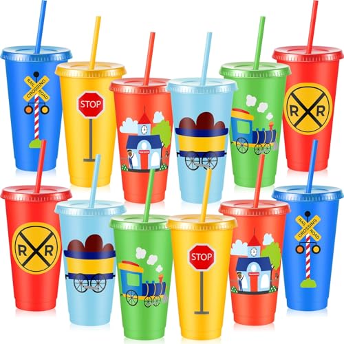 Chuangdi 12 Pcs Train Themed Tumbler with Lid and Straw 24 oz Reusable Plastic Tumblers Railroad Train Crossing Party Cup Traffic Vehicle Party Supplies for Birthday Decorations - style: Train