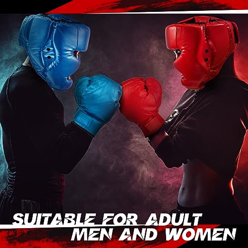 Kanayu 3 Pieces Boxing Headgear and 3 Pairs Gloves Set Shockproof Leather Boxing Helmet Safety Head Guard Punching Bag Gloves for Men Women Youth Beginners - color: Black, Blue, Red