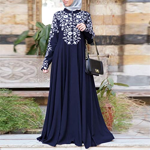 Islamic Fashion Dresses Middle Eastern Ethnic Kaftan Button Print Muslim Long Dress Dubai Turkey Arab Jilbab Dress - color: Blue, size: Large