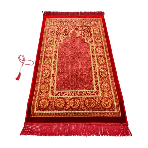 Muslim Prayer Rug, Soft Plush Thin Islamic Prayer Mat, Janamaz, Sajada, Praying Carpet, Islamic Gift for Men & Women, Islamic Mat, Bordeaux, Eid & Ramadan Gift with Prayer Beads, 26x43 inch - color: Bordeaux-pilgrim