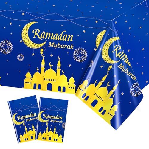 PHOGARY Ramadan Decorations 2 PCS Ramadan Mubarak Table Coth, Blue and Golden Ramadan Tablecloths Disposable Rectangle Plastic Eid Mubarak Table Covers for Eid Al-fitr Party Eid Decorations 54" X108"