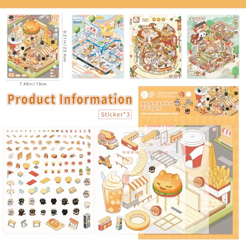 Girls 3D Miniature Scene Stickers, 4 Sets Mini Stores DIY House Stickers for Burger, Hot Pot, Convenience Store, Breakfast, Cute 3D Cartoon Scene Stickers for Adult Kids Relief Stress Pass The Time - style: Opening Stores