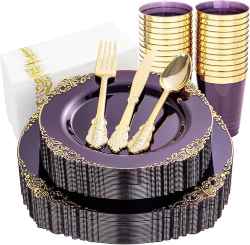 Nervure 175Pcs Clear Purple Plastic Plates, Dinnerware Set for 25 Guests - color: Transparent Purple, style: 175Pcs(25Guests)