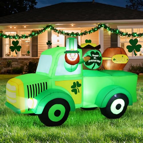 Lewondr 7.87FT St Patricks Day Inflatable Outdoor Decorations, Inflatable Leprechaun Drive a Car with Shamrocks, Blow up Yard Decoration with 11 Build-in Lights for Holiday Party Yard Lawn Garden - style: Green Car