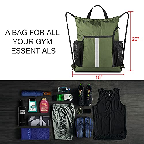 BeeGreen Moss Green Drawstring Bag Pack Sport Cinch Sack with Shoe Compartment and Two Side Mesh Pockets Heavy Duty Gym String Backpack for Unisex - color: Moss Green, style: Drawstring With Shoe Compartment