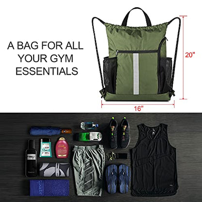 BeeGreen Moss Green Drawstring Bag Pack Sport Cinch Sack with Shoe Compartment and Two Side Mesh Pockets Heavy Duty Gym String Backpack for Unisex - color: Moss Green, style: Drawstring With Shoe Compartment